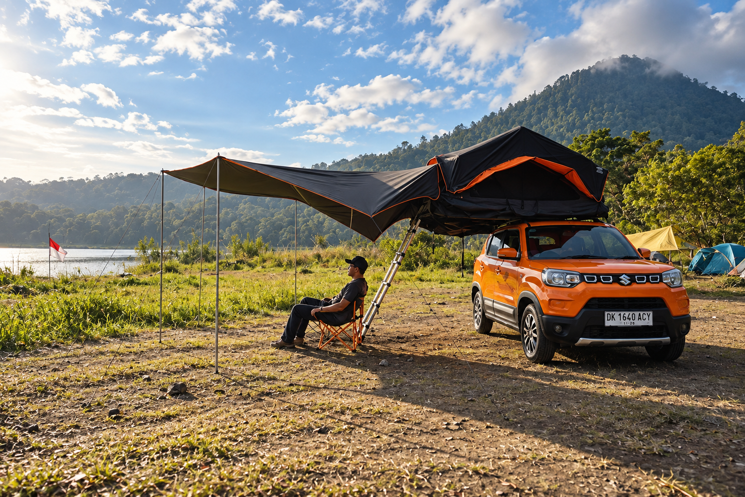 The TygerRider camper with the rooftop tent open