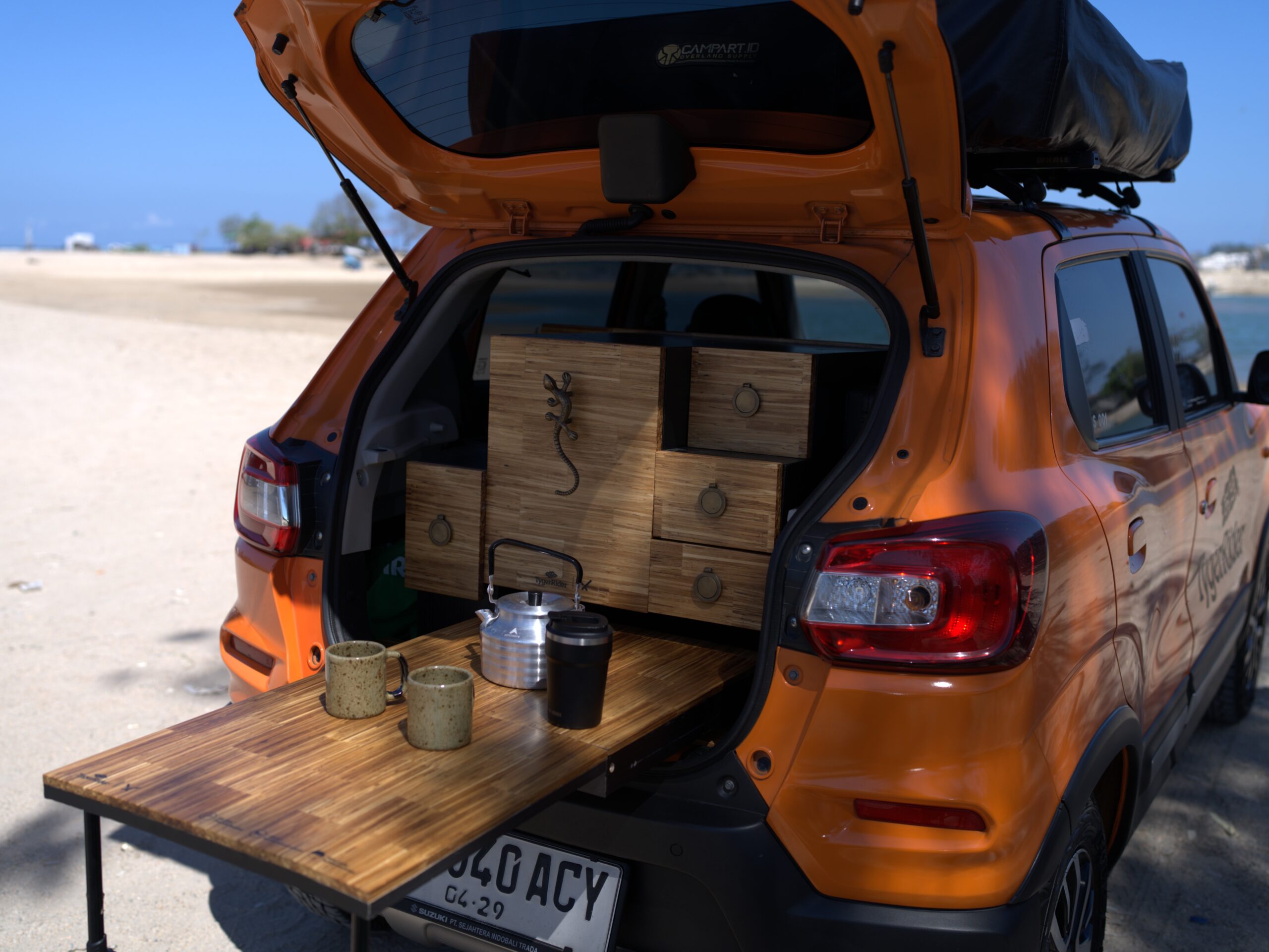 Kitchen setup at the back of the camper