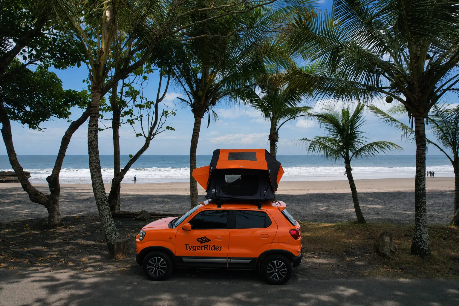 Camper with rooftop tent open under palms by the beach